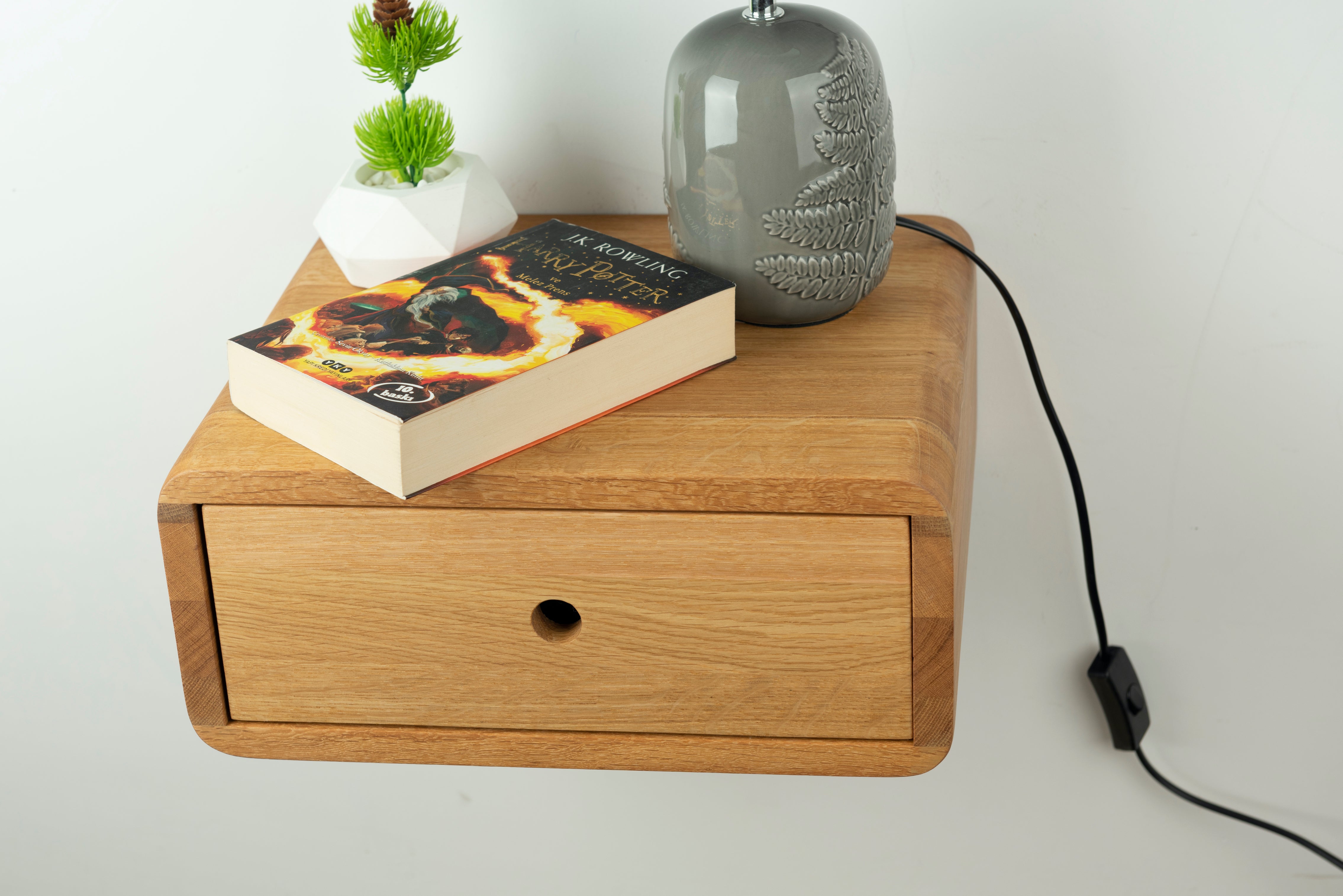 Floating Nightstand with Drawer in Solid Oak – Wall Mounted Bedside Table with Round Cut-Out Handle