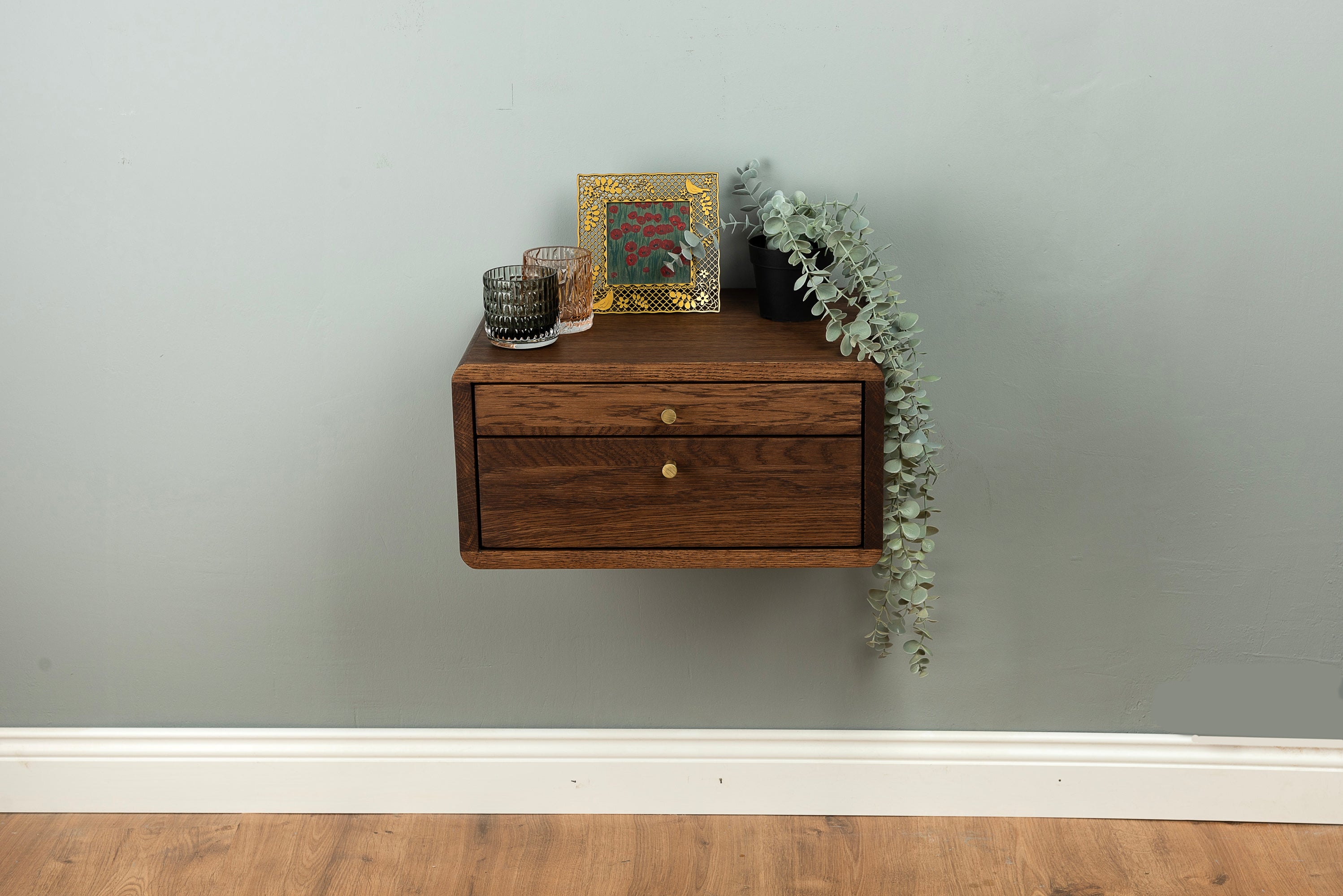Floating Nightstand with 2 Drawers in Solid Oak – Modern Wall Mounted Bedside Table