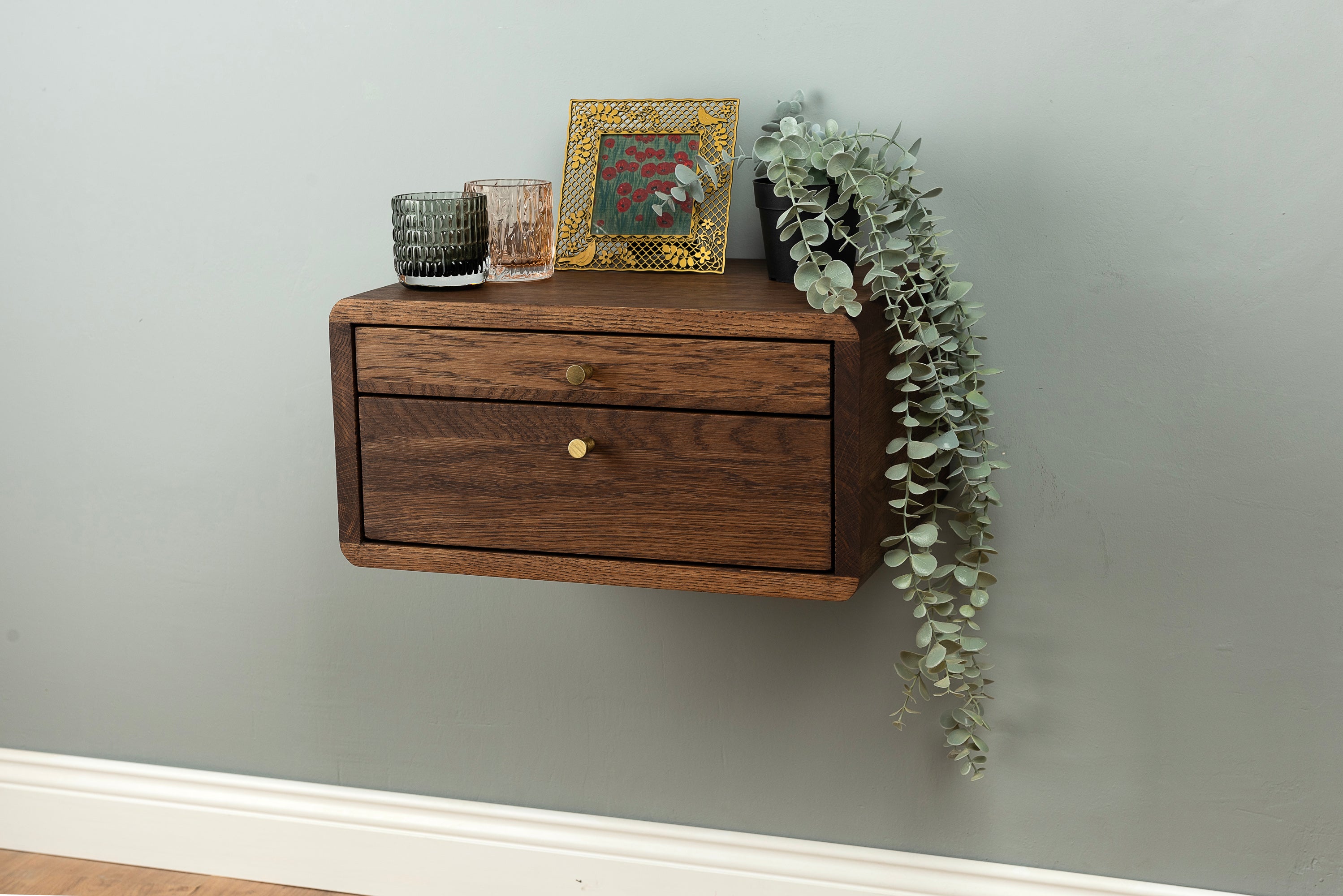 Floating Nightstand with 2 Drawers in Solid Oak – Modern Wall Mounted Bedside Table
