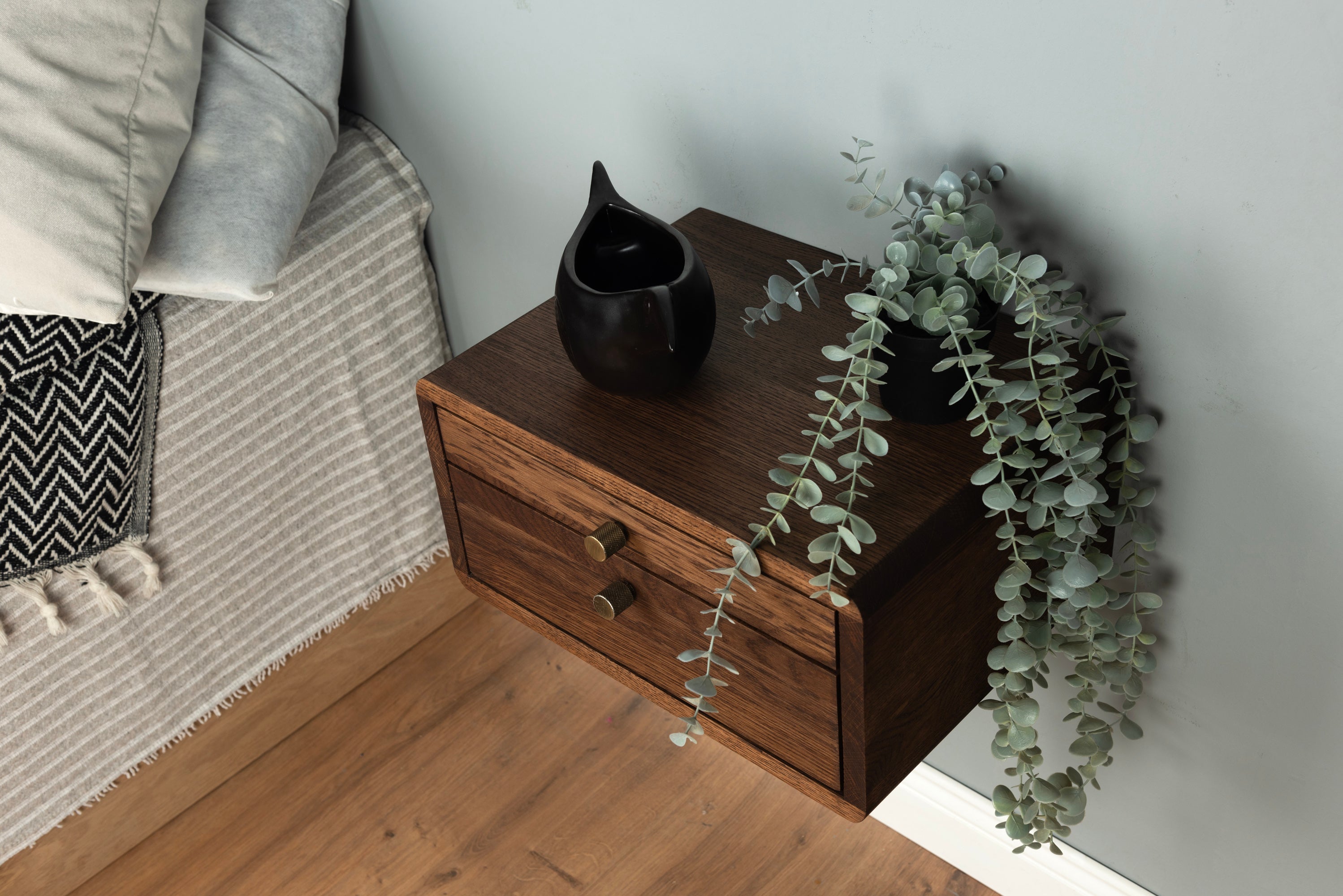 Floating Nightstand with 2 Drawers in Solid Oak – Modern Wall Mounted Bedside Table